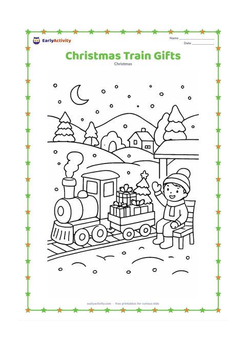 Colouring page: A toy train carries wrapped gifts and a small Christmas tree through a snowy village scene, with a child waving from beside a station bench. Include rounded hills, a few trees and a…