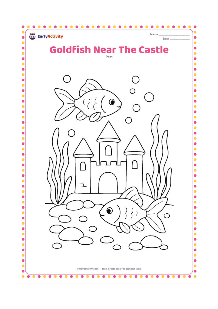 Colouring page: Draw two goldfish swimming around a simple underwater castle ornament with open windows and rounded towers. Add broad seaweed-like freshwater plants, stones and bubbles.