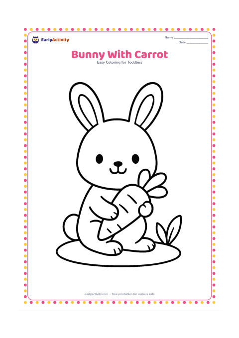 Colouring page: Draw a seated bunny holding one large carrot in its front paws, with a small oval patch of ground and two simple leaves nearby.