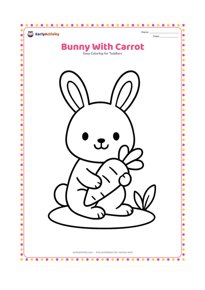 Colouring page: Draw a seated bunny holding one large carrot in its front paws, with a small oval patch of ground and two simple leaves nearby.