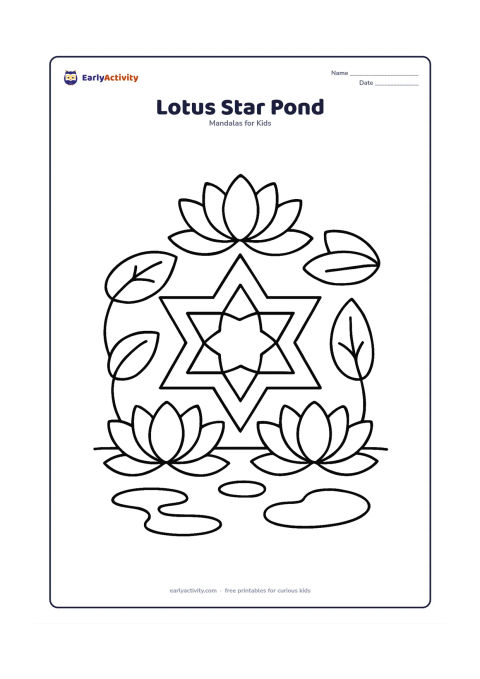 Colouring page: Draw a bold six-point star mandala surrounded by three large lotus flowers, broad leaves and a calm pond border. Include two simple ripples and a few rounded water shapes.
