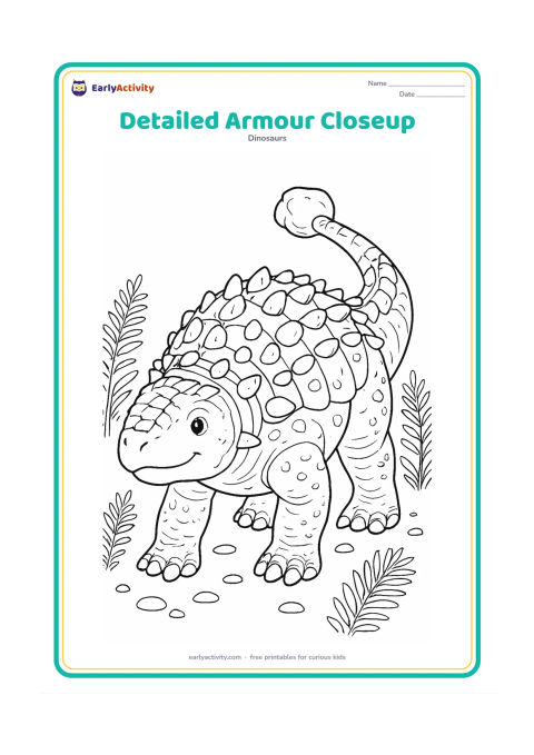 Colouring page: Create a close three-quarter view of an Ankylosaurus showing layered neck armour, rows of bony plates, side bumps, textured feet and the tail club. Frame it with small ferns and pebbles…