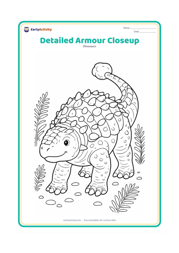 Colouring page: Create a close three-quarter view of an Ankylosaurus showing layered neck armour, rows of bony plates, side bumps, textured feet and the tail club. Frame it with small ferns and pebbles…