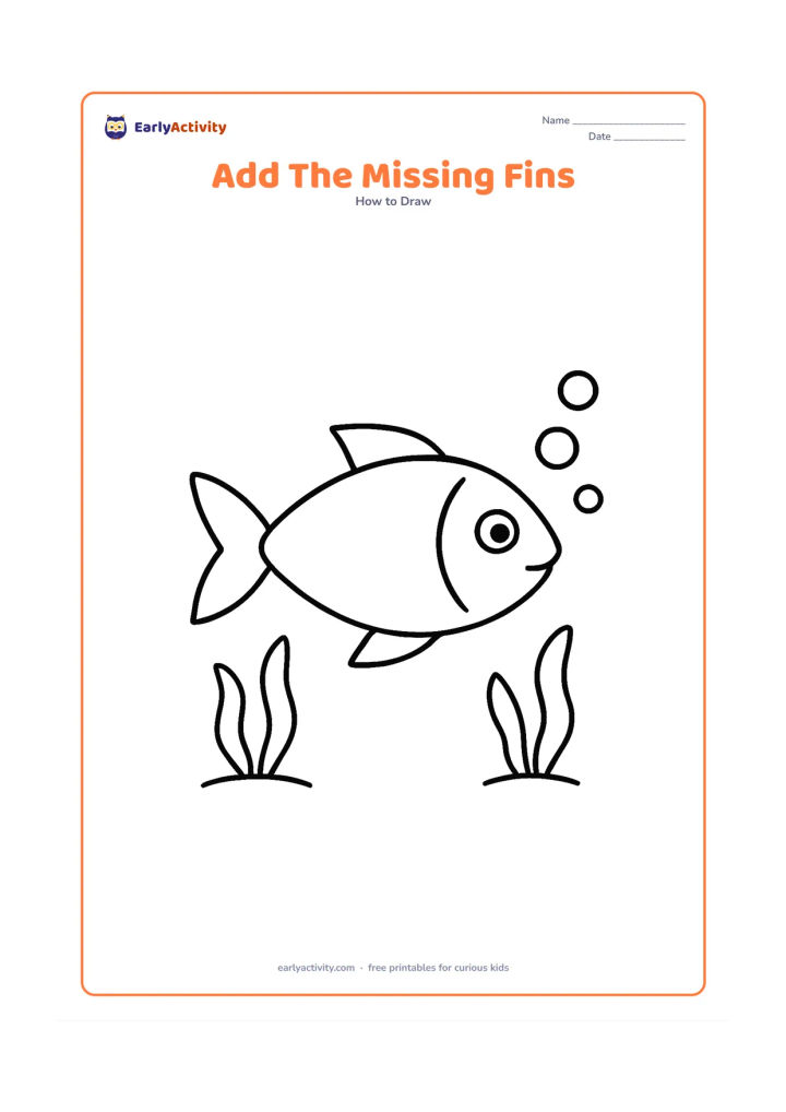 Worksheet: Show a side-view fish with its body, eye, tail, and gill line complete, but leave both fins as lightly indicated triangular gaps. Add two water plants and three bubbles behind the fish.