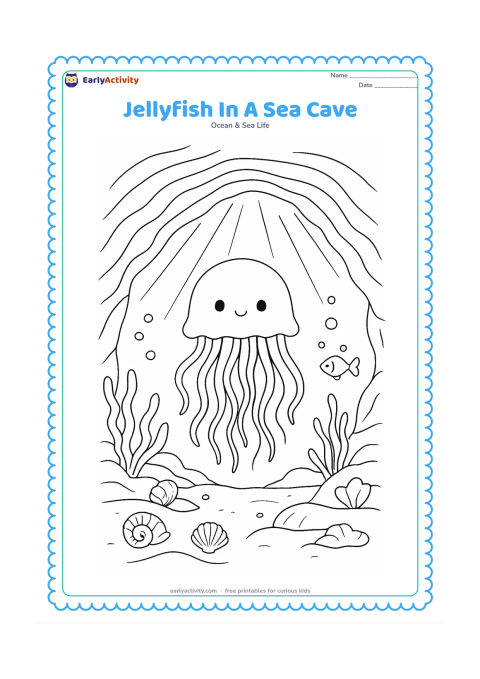 Colouring page: Draw a jellyfish floating inside a wide sea cave, with light beams entering from the opening above. Add layered rocks, sea plants, shells, bubbles and a small fish outside the cave.