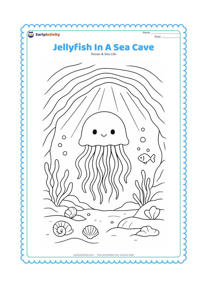 Colouring page: Draw a jellyfish floating inside a wide sea cave, with light beams entering from the opening above. Add layered rocks, sea plants, shells, bubbles and a small fish outside the cave.