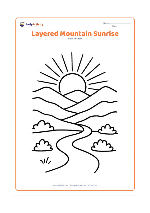 Worksheet: Show a round sun partly emerging between layered mountain ridges, with long alternating rays, a winding foreground path and a few small bushes. Balance the sun near the upper centre.