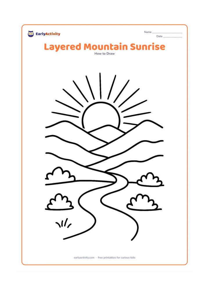 Worksheet: Show a round sun partly emerging between layered mountain ridges, with long alternating rays, a winding foreground path and a few small bushes. Balance the sun near the upper centre.