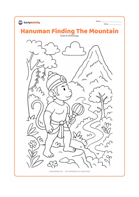 Colouring page: Hanuman stands on a rocky hillside, looking toward a tall herb-covered mountain while holding his gada. Include trees, vines, flowers, and a winding path through the Indian landscape.