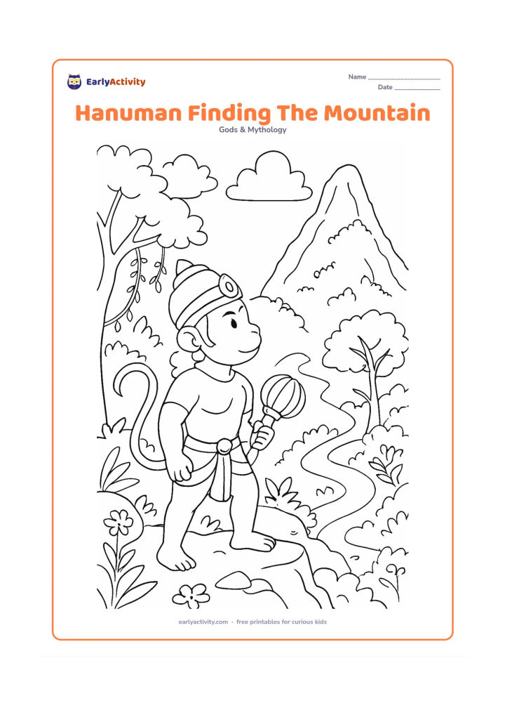 Colouring page: Hanuman stands on a rocky hillside, looking toward a tall herb-covered mountain while holding his gada. Include trees, vines, flowers, and a winding path through the Indian landscape.