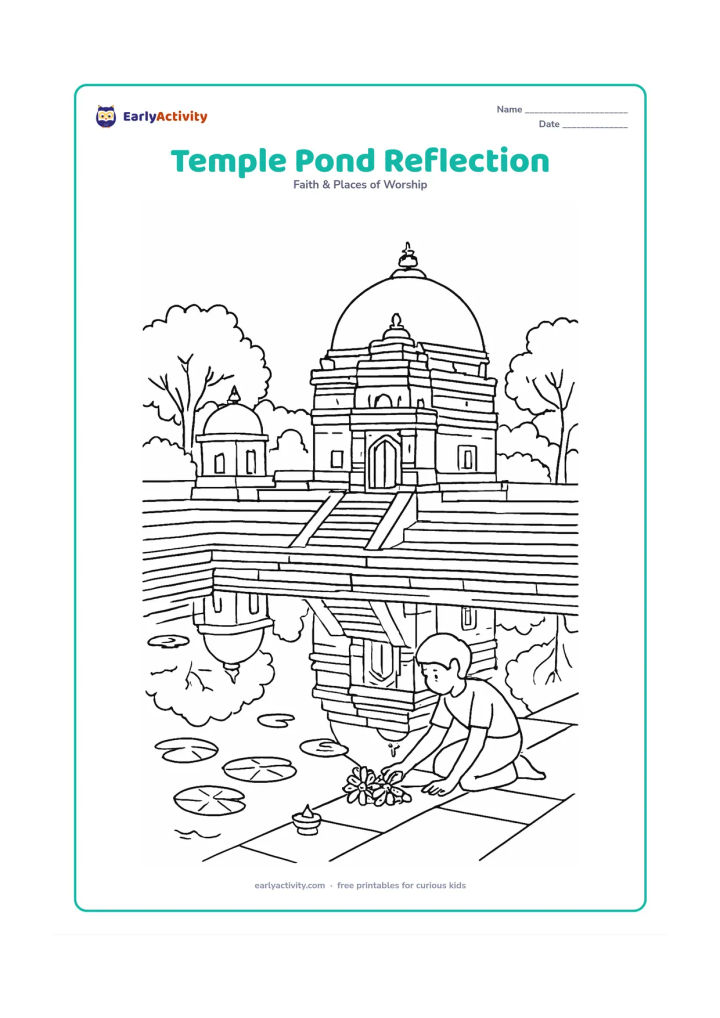 Colouring page: A detailed temple beside a stepped pond, with a domed roof, entrance tower, stone steps, lotus leaves, a small lamp and trees reflected in the water. Include one person placing flowers…