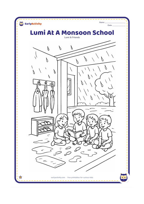 Colouring page: During a rainy school day in India, Lumi and friends leave umbrellas and raincoats neatly by the classroom entrance before reading together. Show wet footprints, a covered veranda, rain…