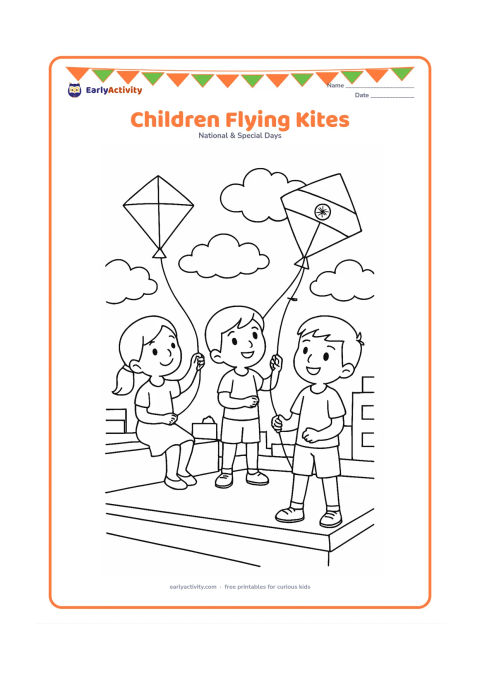 Colouring page: Draw three children on a rooftop flying separate kites, including one kite with three Indian flag bands and an Ashoka Chakra. Add water-tank shapes, a low parapet, distant rooftops and…