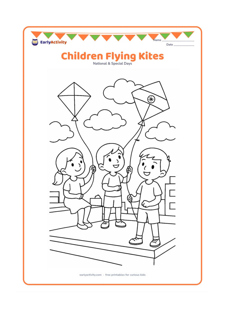 Colouring page: Draw three children on a rooftop flying separate kites, including one kite with three Indian flag bands and an Ashoka Chakra. Add water-tank shapes, a low parapet, distant rooftops and…