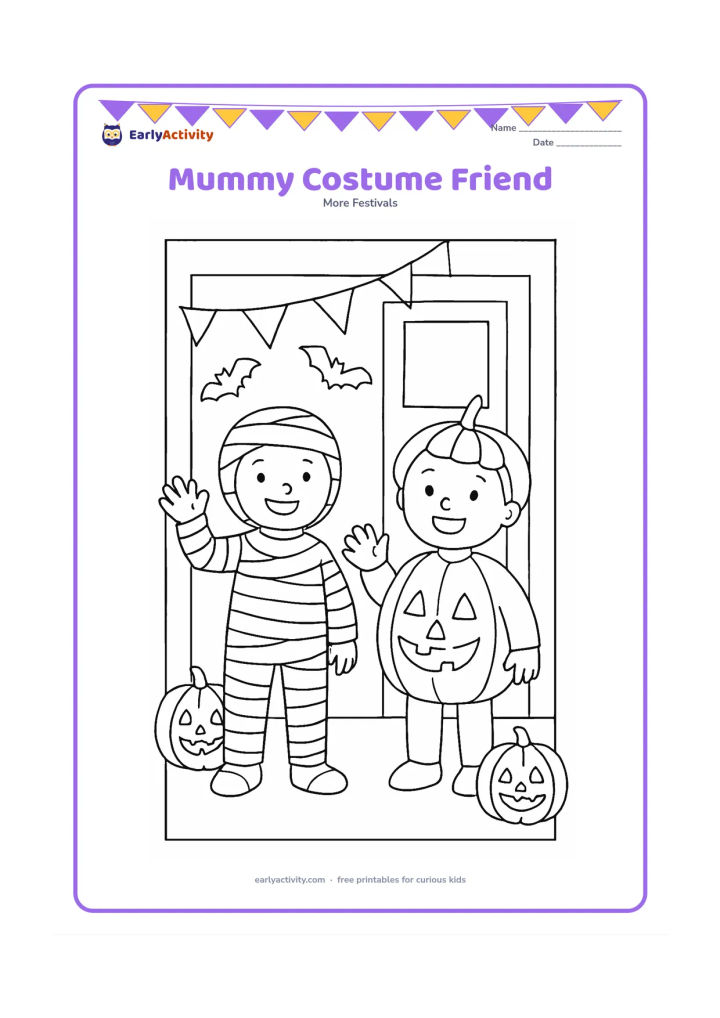 Colouring page: Draw a cheerful child wearing a loose mummy costume with visible face and hands, waving beside a friend dressed as a pumpkin. Place them outside a decorated classroom door with pumpkins…