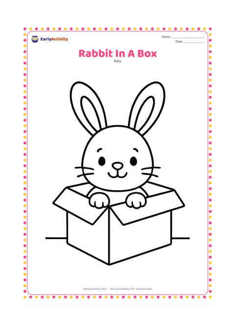 Colouring page: A curious rabbit peeks out of a shallow cardboard box, showing its head, ears and front paws. Add two simple box flaps and a floor line.