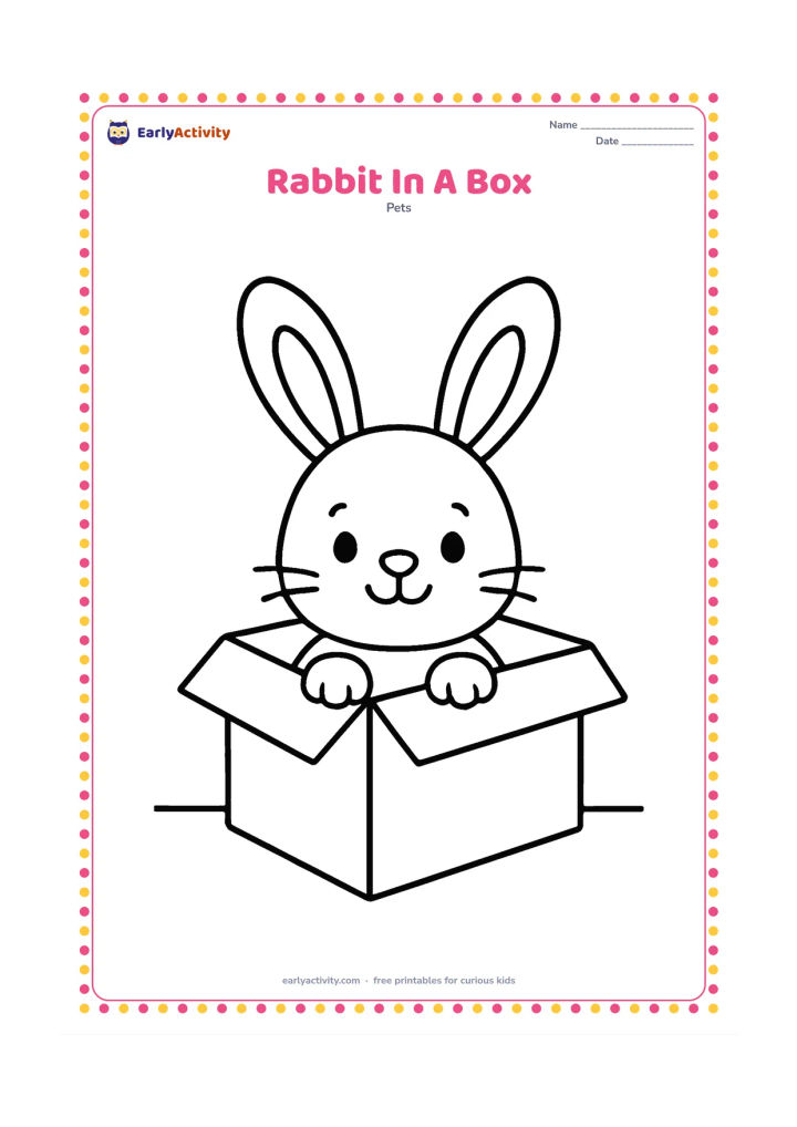 Colouring page: A curious rabbit peeks out of a shallow cardboard box, showing its head, ears and front paws. Add two simple box flaps and a floor line.