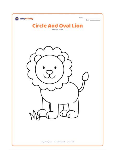 Worksheet: Build a friendly standing lion from large visible circles and ovals for the head, body, legs, paws and tail. Arrange the shapes in a clean practice scene with only a small patch of grass…