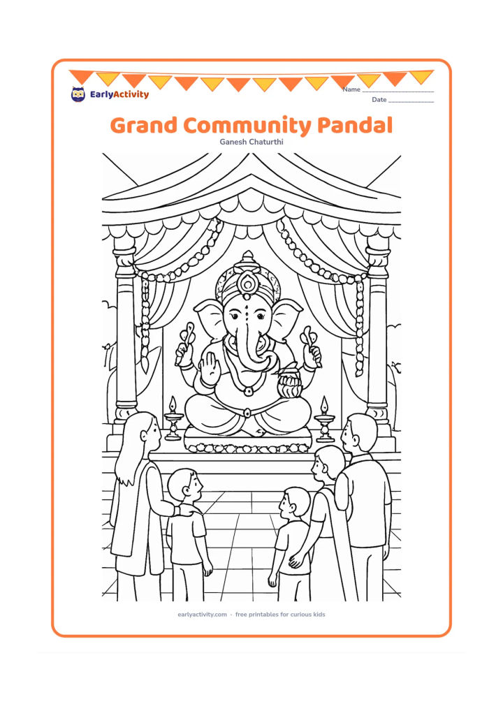 Colouring page: A large public pandal displays a seated Ganesha idol on a decorated platform, surrounded by families, flower garlands, lamps, pillars and fabric canopies. Include an open courtyard with…