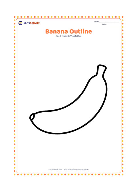 Colouring page: Draw one large, gently curved banana centred on the page with a small stem at each end. Leave the background empty so young children have one clear shape to colour.