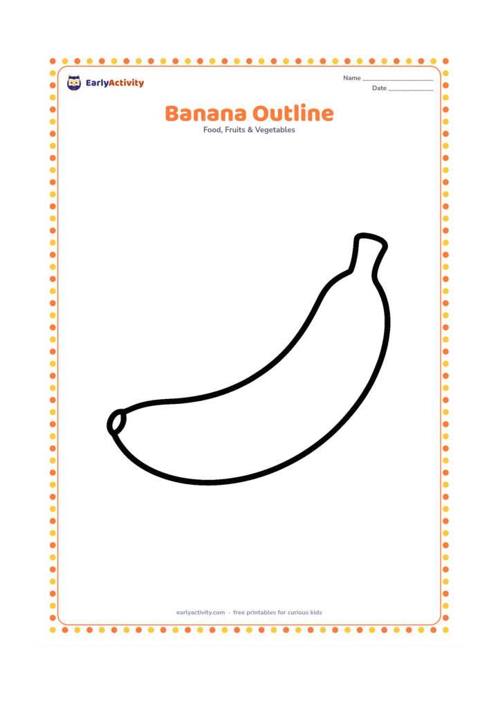 Colouring page: Draw one large, gently curved banana centred on the page with a small stem at each end. Leave the background empty so young children have one clear shape to colour.
