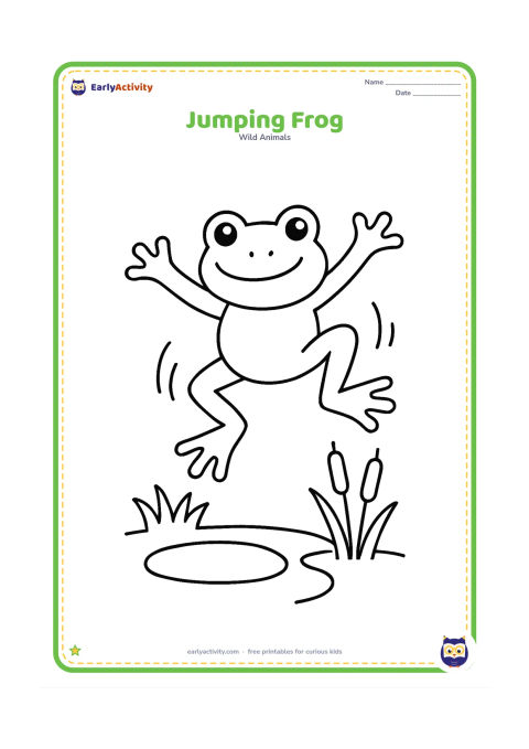 Colouring page: Draw a frog leaping upward with all four legs stretched out, above a small patch of grass beside a pond. Add only a few curved motion marks and two simple reeds.