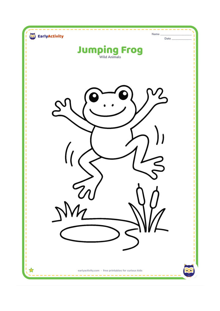 Colouring page: Draw a frog leaping upward with all four legs stretched out, above a small patch of grass beside a pond. Add only a few curved motion marks and two simple reeds.