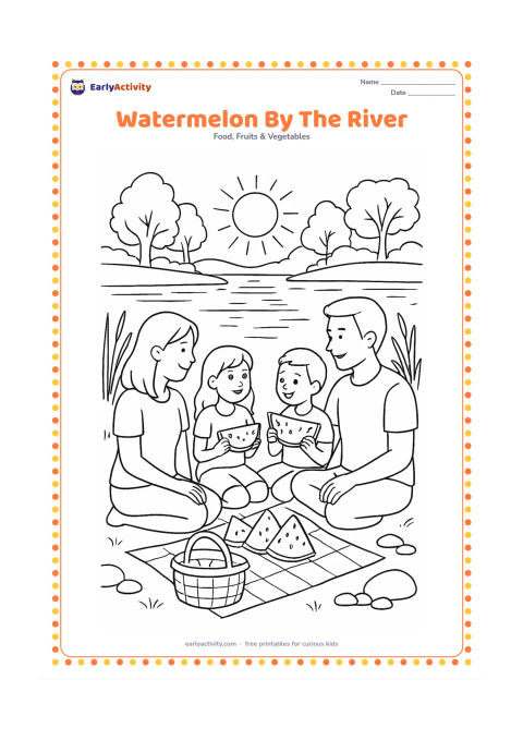 Colouring page: Draw a family sitting beside a calm river with watermelon slices on a cloth, a basket, reeds, smooth stones and trees along the far bank. Include a warm low sun and reflections in the water.