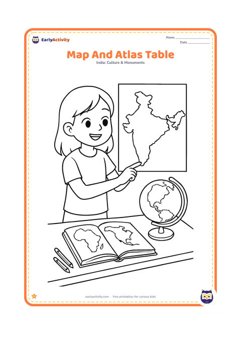Colouring page: Draw an older child comparing a large blank India outline with an open reference book showing only simple map shapes and no readable marks. Add a globe without lettering, pencils, and a…
