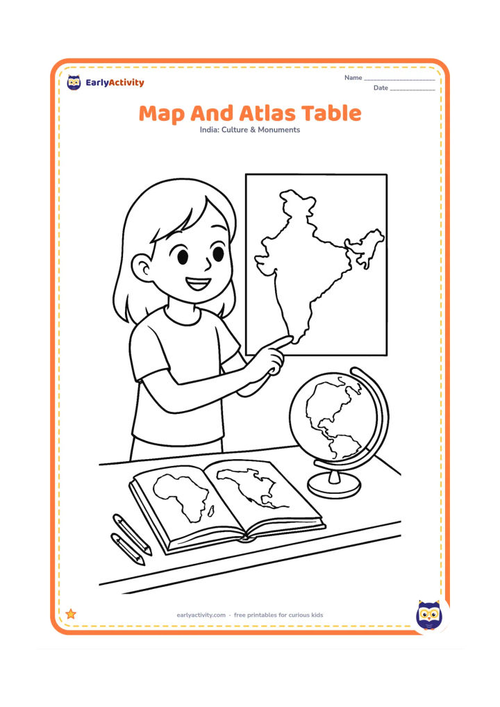 Colouring page: Draw an older child comparing a large blank India outline with an open reference book showing only simple map shapes and no readable marks. Add a globe without lettering, pencils, and a…