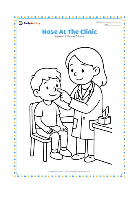 Colouring page: Draw a smiling child having a gentle nose check by a friendly doctor. Include a chair, a small examination table, a tissue box, and a blank wall chart with no marks or writing.
