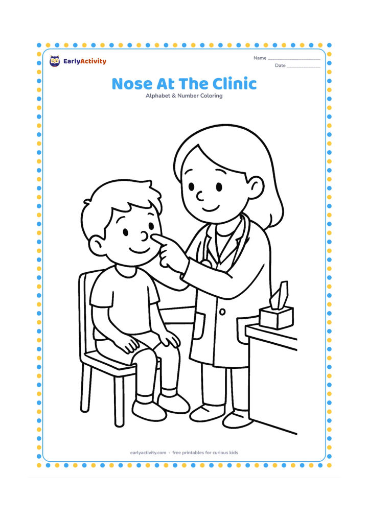 Colouring page: Draw a smiling child having a gentle nose check by a friendly doctor. Include a chair, a small examination table, a tissue box, and a blank wall chart with no marks or writing.