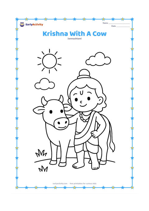 Colouring page: Draw young Krishna standing beside one friendly cow, gently touching its neck. Add a simple sun, two clouds, and a few grass tufts.