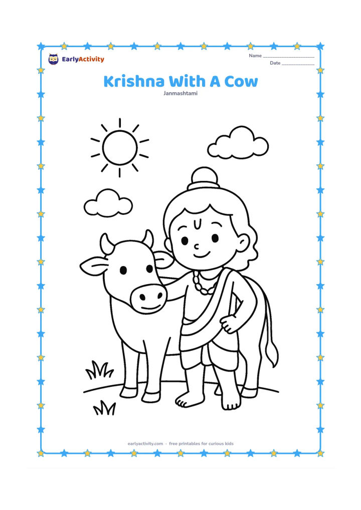Colouring page: Draw young Krishna standing beside one friendly cow, gently touching its neck. Add a simple sun, two clouds, and a few grass tufts.