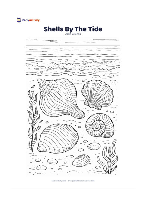 Colouring page: A collection of large conch, scallop, spiral and clam shells sits on wet sand at the edge of retreating waves. Add seaweed, small pebbles, foam trails and a distant calm horizon.