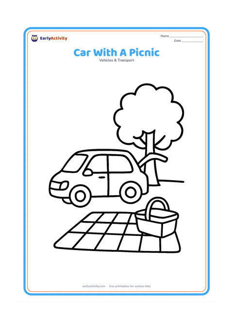 Colouring page: Draw a parked hatchback beside a picnic blanket, a basket and one leafy tree. Show the car from the side with an open rear door and a large empty cargo area.