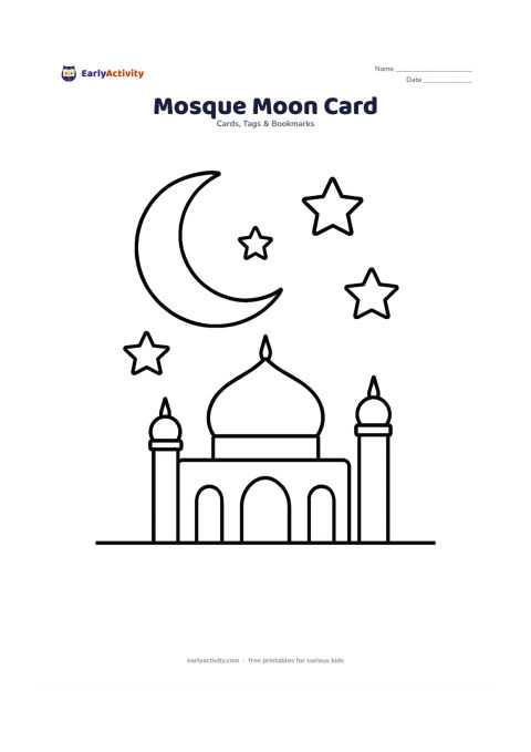 Worksheet: A simple mosque silhouette with one dome and two short minarets beneath a large crescent moon. Add a few oversized stars and a blank foreground area for a message.