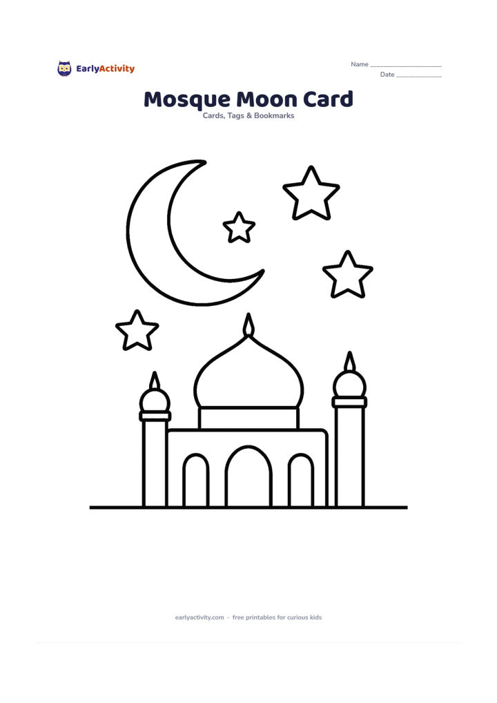 Worksheet: A simple mosque silhouette with one dome and two short minarets beneath a large crescent moon. Add a few oversized stars and a blank foreground area for a message.