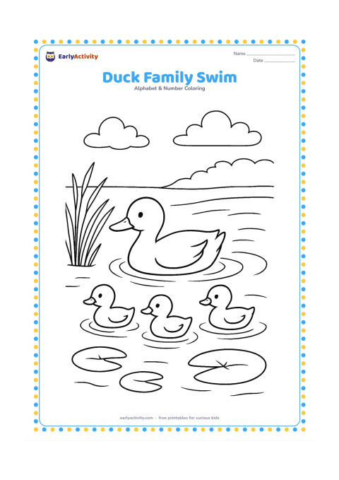 Colouring page: A mother duck leads three ducklings across a pond, each making small ripples. Add reeds, lily pads, a distant bank and a few reflected clouds.