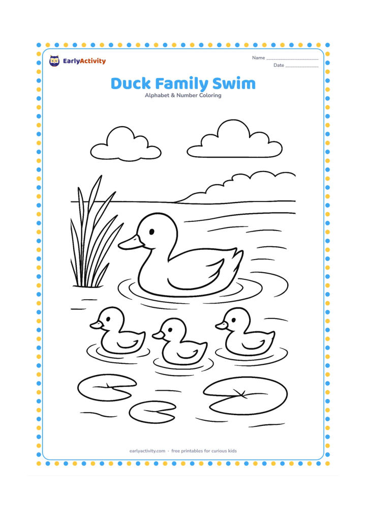 Colouring page: A mother duck leads three ducklings across a pond, each making small ripples. Add reeds, lily pads, a distant bank and a few reflected clouds.
