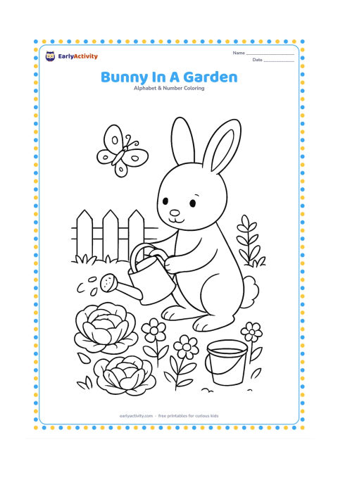 Colouring page: Draw a bunny watering broad garden plants beside a low picket fence. Include cabbages, flowers, a small bucket and a butterfly in the background.