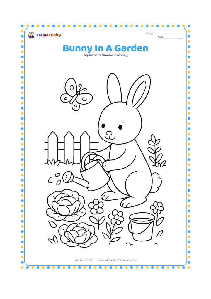 Colouring page: Draw a bunny watering broad garden plants beside a low picket fence. Include cabbages, flowers, a small bucket and a butterfly in the background.