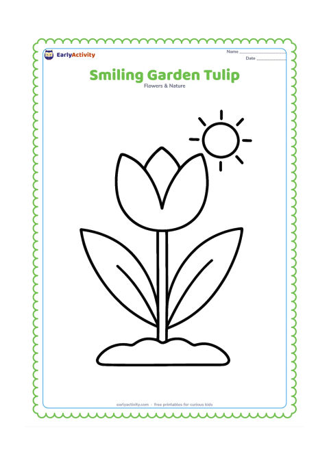 Colouring page: Draw one large tulip growing from a small patch of soil, with two broad leaves and a simple round sun in the corner. Do not add a face or any other character features.