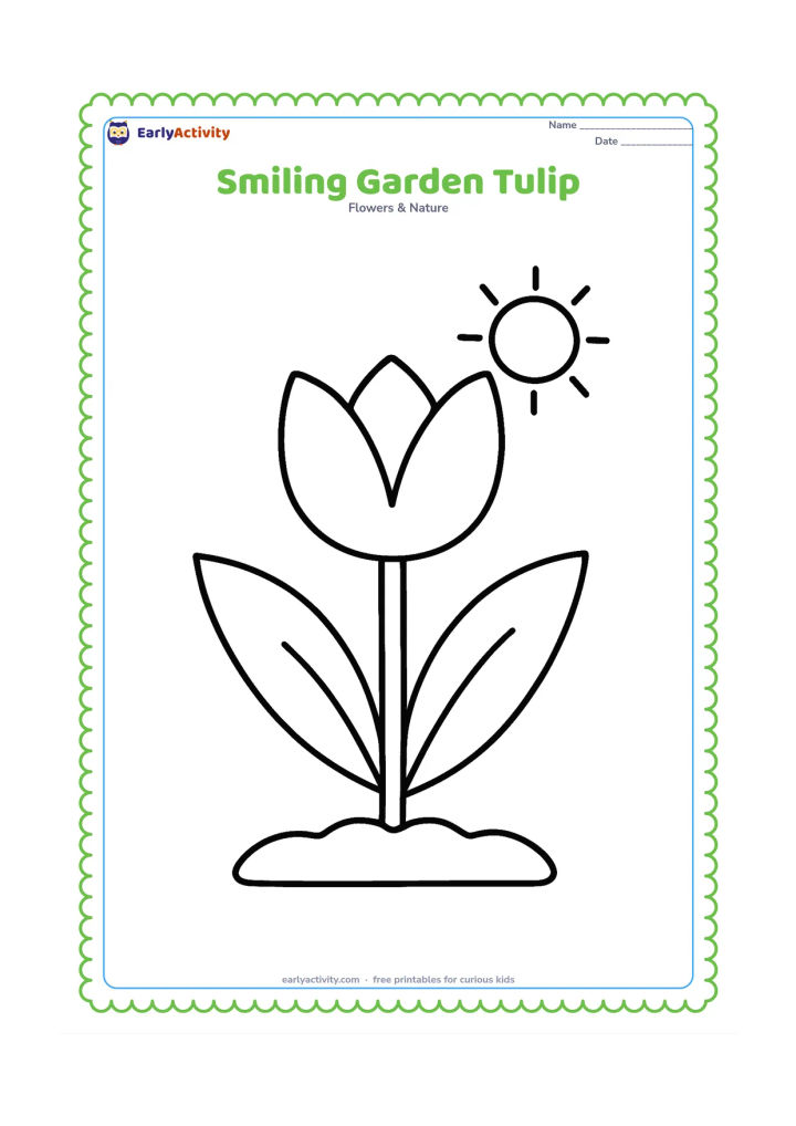 Colouring page: Draw one large tulip growing from a small patch of soil, with two broad leaves and a simple round sun in the corner. Do not add a face or any other character features.
