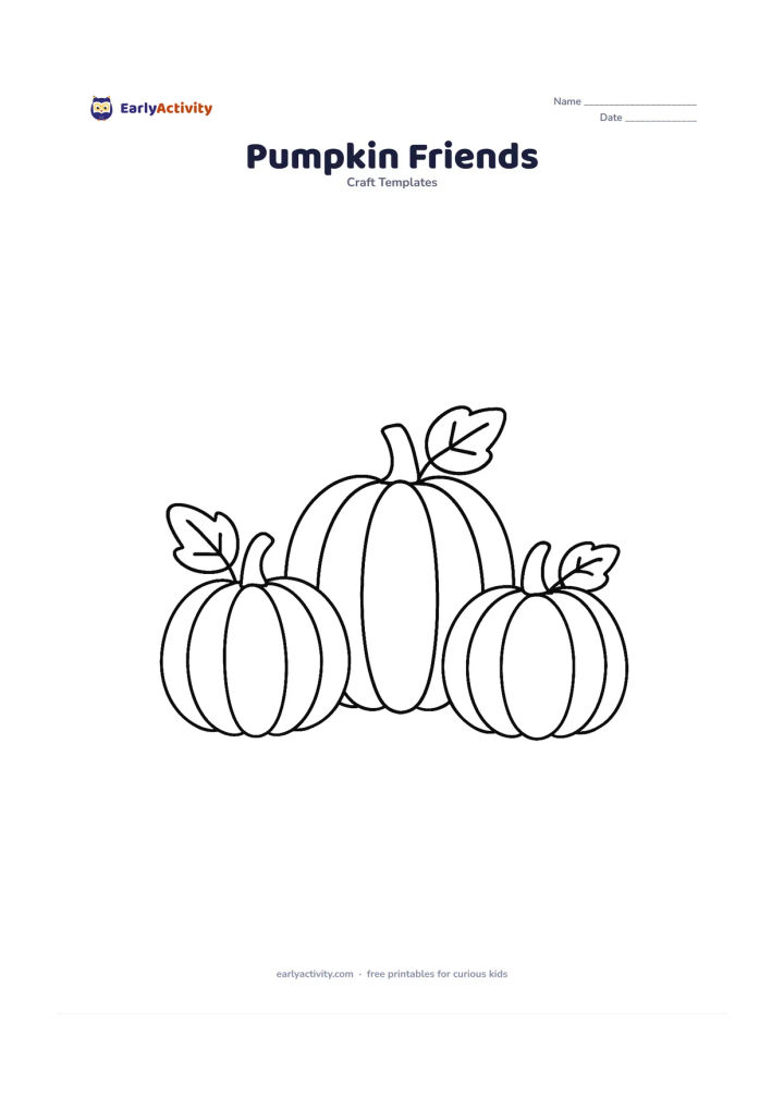 Worksheet: Three large pumpkins stand in a row, each with a different simple curved section pattern and a separate leaf. Give them varied sizes and friendly rounded shapes without adding faces.