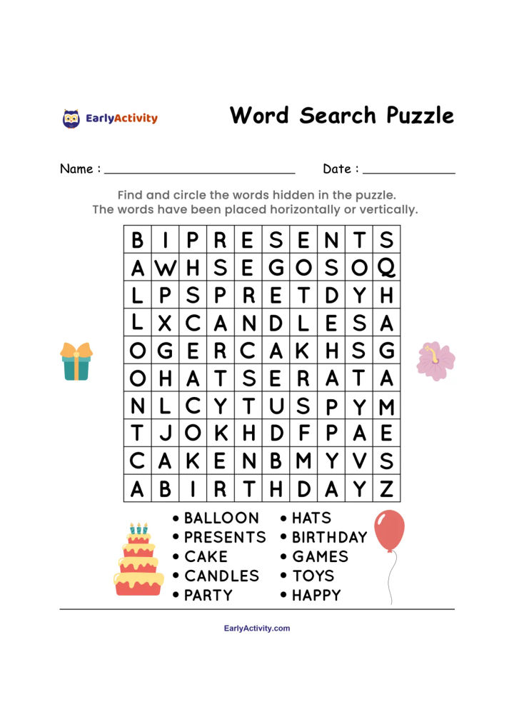 Word search worksheet with a letter grid, birthday word list, and small pictures of presents, a party hat, cake, and balloon.