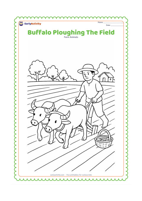 Colouring page: Draw a pair of buffaloes pulling a traditional wooden plough while a farmer guides them across a freshly prepared field. Include furrows, seed baskets, a tree line and a small farm hut.