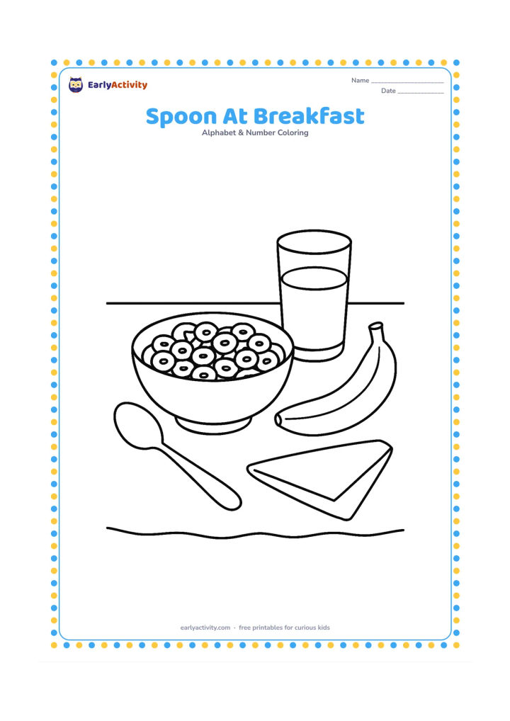 Colouring page: A breakfast table holds a spoon beside a bowl of cereal, a glass of milk, a banana and a folded napkin. Show simple cereal shapes and a plain tablecloth, with no packaging, labels or…