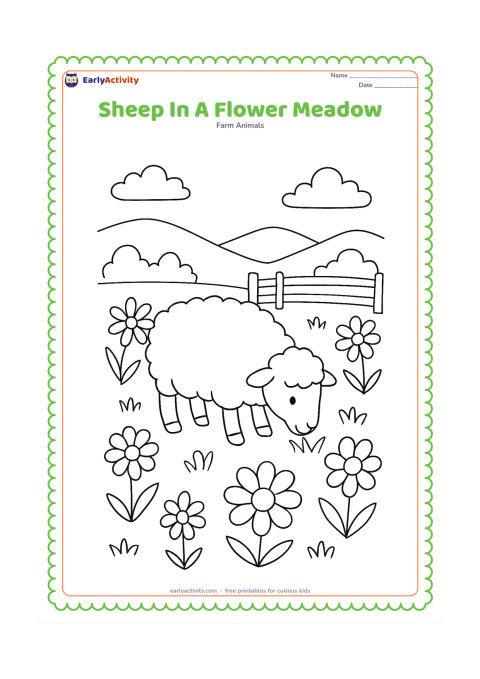 Colouring page: A sheep grazes in a meadow filled with several different large flowers, with a wooden fence and low hills in the background. Include enough space between flowers for colouring.