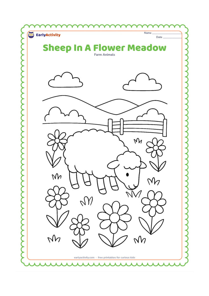 Colouring page: A sheep grazes in a meadow filled with several different large flowers, with a wooden fence and low hills in the background. Include enough space between flowers for colouring.